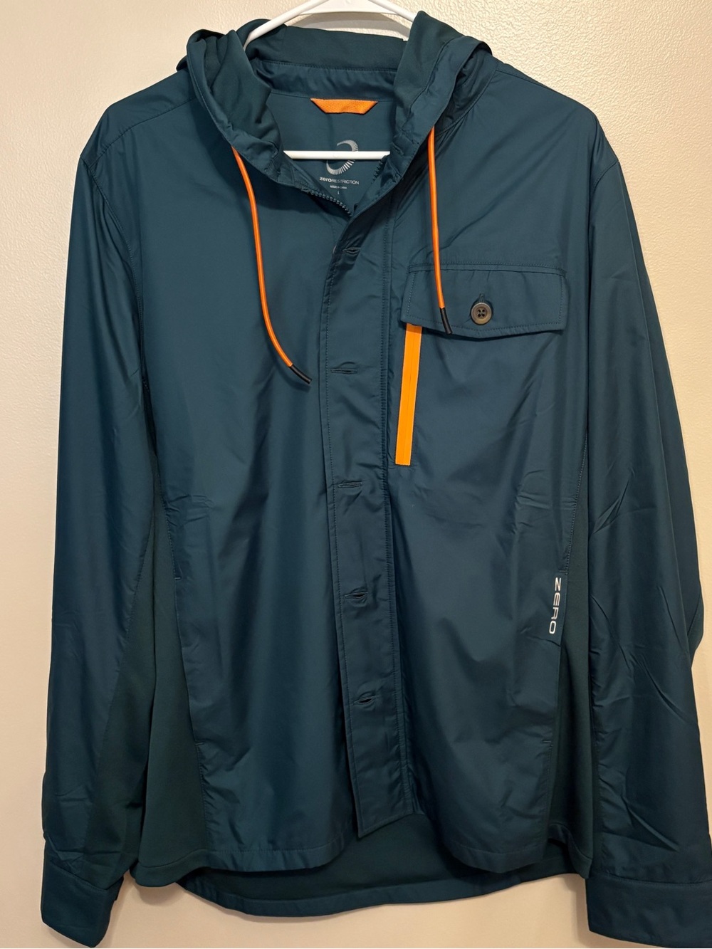 Men's Hooded Lightweight water resistant Jacket in Teal with Orange Trim